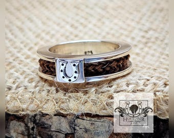 5mm Width Ring - Horseshoe Centerpiece - Solid Sterling Silver Horse Hair Ring