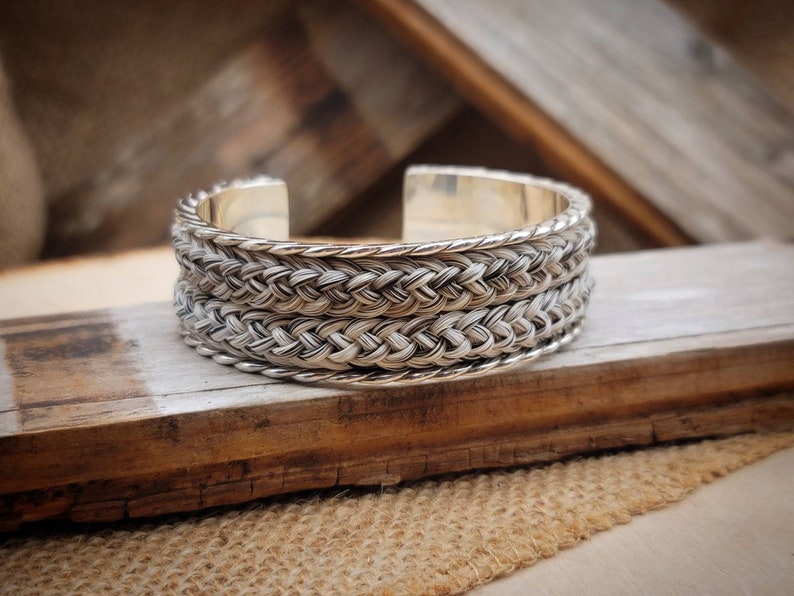 Extra Wide Scroll Cuff Bracelet Solid Sterling Silver w/ Braided Horse Hair Inlay Custom Order image 3