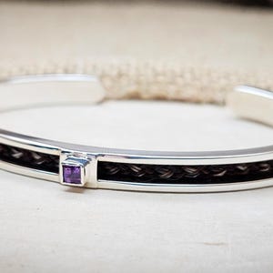 Horse Hair Cuff Bracelet - Solid Sterling Silver With Princess Cut Amethyst Centerpiece - Custom Order