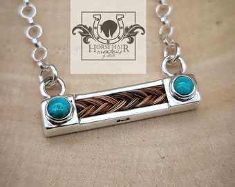 Half Size Horizontal Bar w/ Turquoise Ends - Sterling Silver Braided Horse Hair Pendant Necklace - CUSTOM ORDER