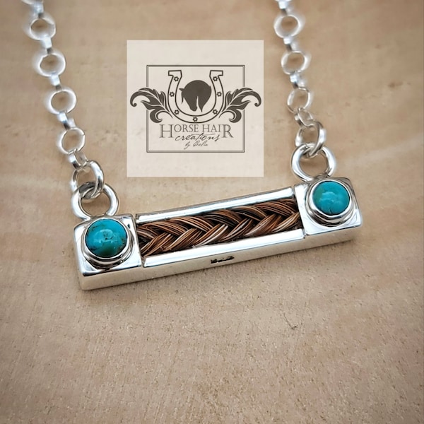 Half Size Horizontal Bar w/ Turquoise Ends - Sterling Silver Braided Horse Hair Pendant Necklace - CUSTOM ORDER