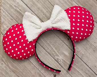 Valentines Day Mouse Ears Red and White Heart Mouse Ears Romantic Headband Princess Adult Child Theme Park Accessories