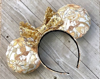 Floral Belle Beauty and the Beast Inspired Mouse Ears Theme Park Princess Accessories Adult Child Headband