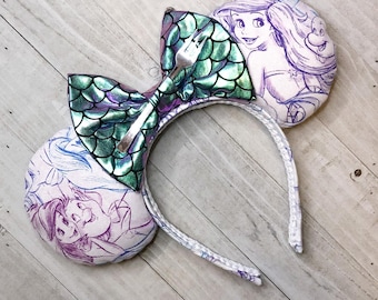 Ariel Little Mermaid Sketch Mouse Ears (Large Print) Headband Princess Adult Child Theme Park Accessories