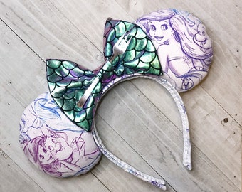 Ariel Little Mermaid Sketch Mouse Ears (Large Print) Headband Princess Adult Child Theme Park Accessories