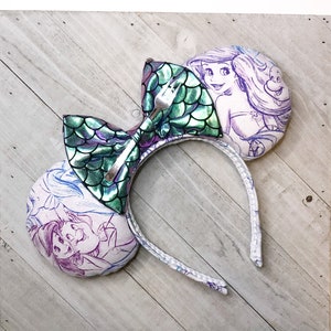 Ariel Little Mermaid Sketch Mouse Ears (Large Print) Headband Princess Adult Child Theme Park Accessories