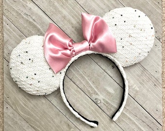 Pink Cream Tweed Beaded Mouse Ears Headband Princess Adult Child Theme Park Accessories