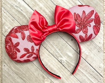 Pink Red Floral Lace Valentines Day Mouse Ears Romantic Coquette Lace Mouse Ears Headband Princess Adult Child Theme Park Accessories