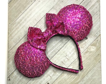 Hot Pink Aurora Holographic Shiny Sequin Mouse Ears Headband Princess Adult Child Theme Park Accessories