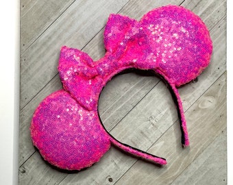 Neon Hot Pink Shiny Sequin Iridescent Mouse Ears Valentine Mouse Ears Headband Princess Adult Child Theme Park Accessories