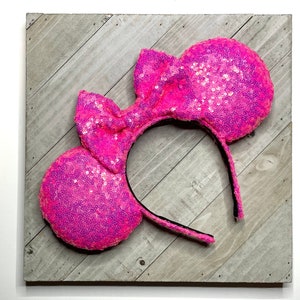 Neon Hot Pink Shiny Sequin Iridescent Mouse Ears Valentine Mouse Ears Headband Princess Adult Child Theme Park Accessories