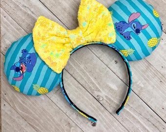 Stitch Hawaiian Floral Watercolor Pink Plumeria Pineapple Mouse Ears Aulani Lilo and Stitch Ear Headband Adult Child Theme Park Accessories