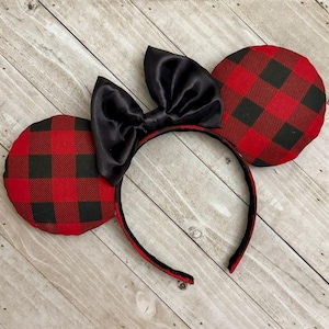 Red Buffalo Plaid Flannel Christmas Mouse Ears  Cozy Sherpa Winter Wonderland Holiday Headband Adult Child Theme Park Accessories