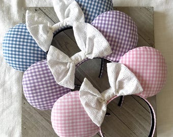 Gingham Mausohren Kariert Mausohren rosa lila blau Gingham Jahre Romantische Stirnband Prinzessin Erwachsene Kinder Freizeitpark Accessoires