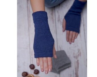 Blau stricken Alpaka Handschuhe, fingerlose Wollhandschuhe, Armwärmer Alpaka, blaue Fingerlose Handschuhe, Alpaka Armwärmer, blaue Handschuhe, Strickhandschuhe