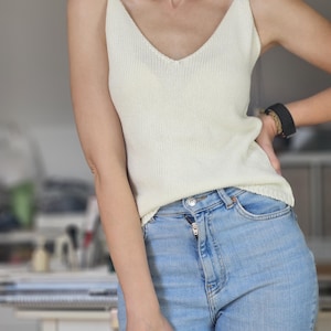 Cotton summer tank top, v neck tops for women, sleeveless cotton tops for women, knitted summer cotton top, back v neck, sleeveless blouse