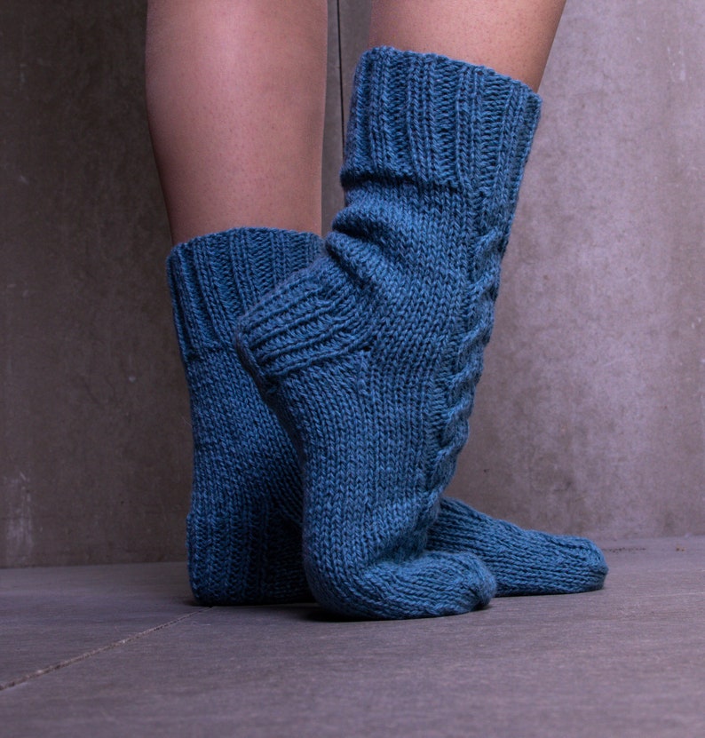 READY TO SHIP Cozy Knit Wool Socks in blue color, Womens wool socks, Christmas knit socks, wool socks women, cable knit socks for women image 1