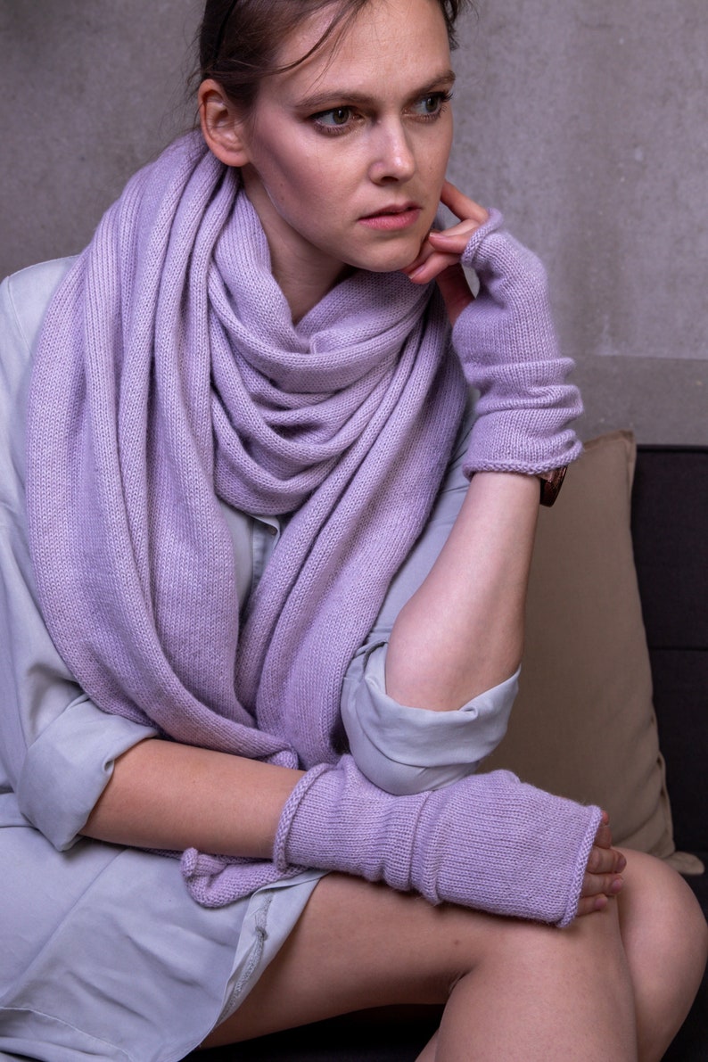 Knitted light lavender alpaca scarf, Oversized wool scarf, minimalist scarf, knit shawl, alpaca plaid scarf, knit scarf women image 1