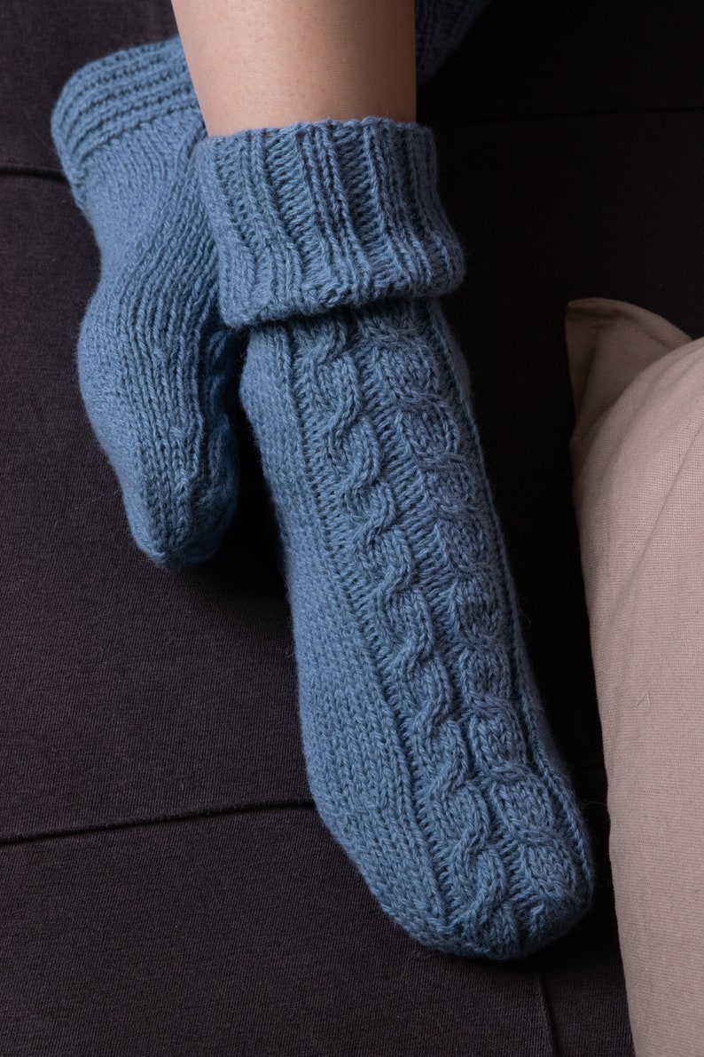 READY TO SHIP Cozy Knit Wool Socks in blue color, Womens wool socks, Christmas knit socks, wool socks women, cable knit socks for women image 2