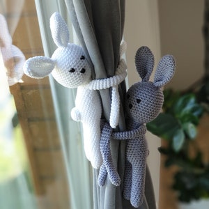 Crochet bunny amigurumi for a newborn room, Crochet bunny curtain tie backs