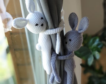 Crochet bunny amigurumi for a newborn room, Crochet bunny curtain tie backs