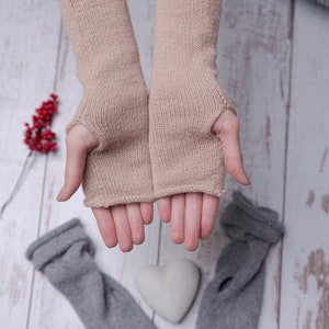 Chauffe-poignets en tricot, gants en alpaga pour femmes, mitaines en alpaga en tricot, mitaines en tricot, mitaines en tricot pour femmes, mitaines en alpaga Camel beige