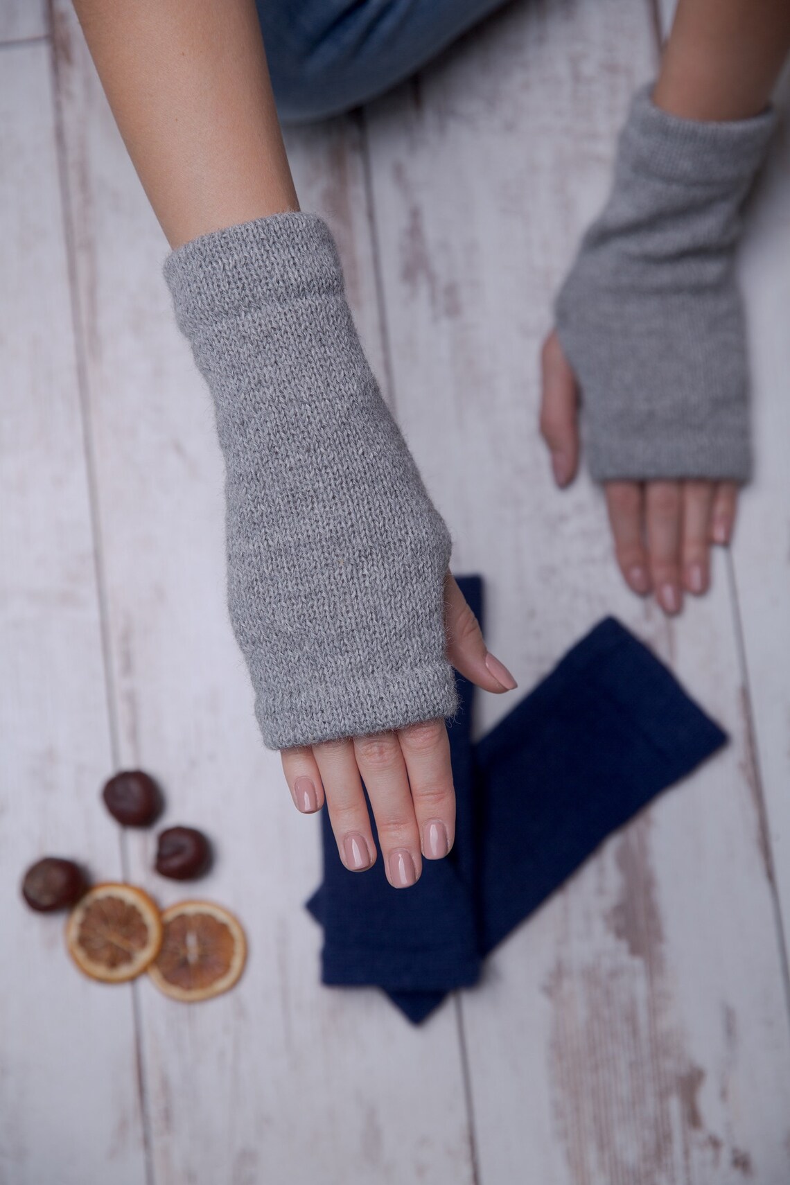 Gray Knitted Alpaca Wool Fingerless Gloves Arm Warmers in Etsy