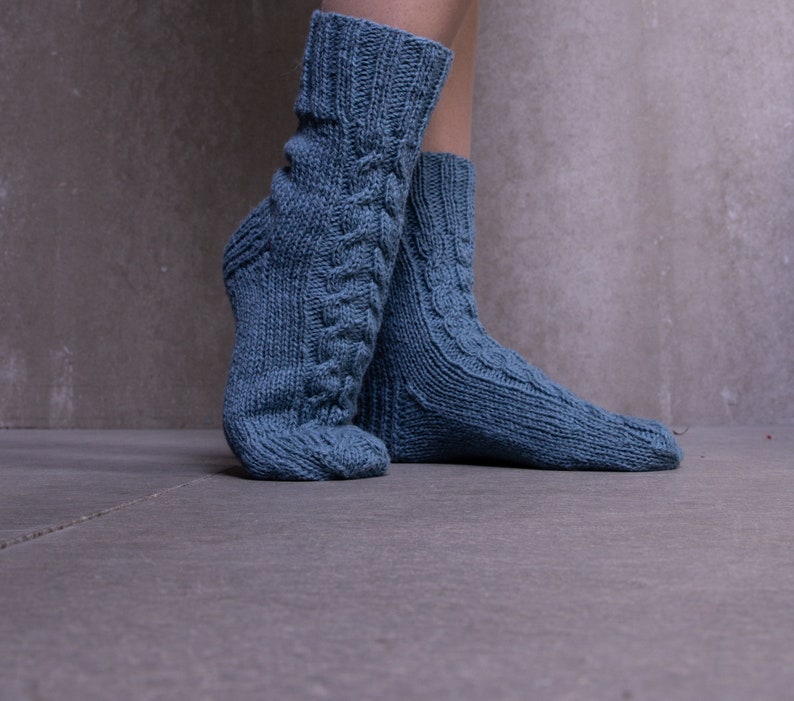 READY TO SHIP Cozy Knit Wool Socks in blue color, Womens wool socks, Christmas knit socks, wool socks women, cable knit socks for women image 5