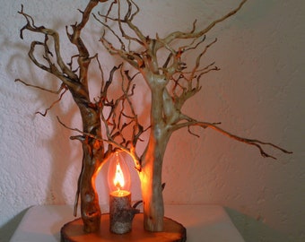 Tischlampe aus Wurzelholz mit Flackerlicht, Liebesbaum