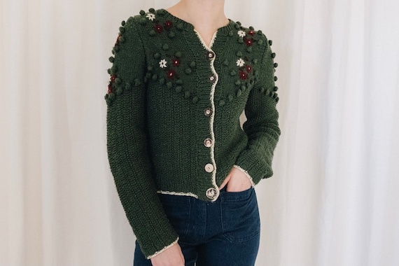 Wool Green Pom Pom Floral Embroidered Austrian Swe