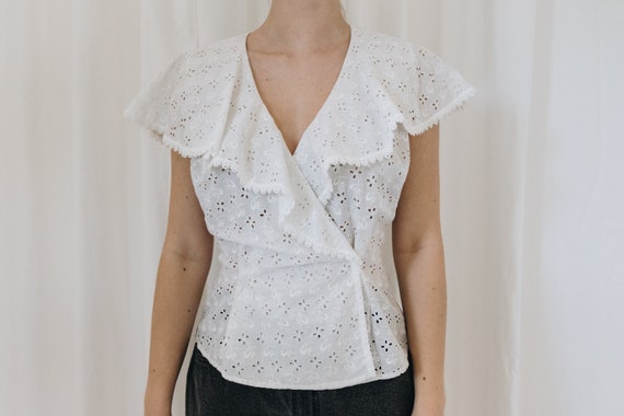 80s White Cotton Eyelet Wrap Style Blouse