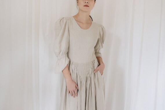 Linen Wheat Austrian Puff Sleeve Dress
