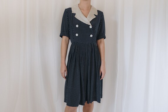 Silk Navy and White Polka Dot Dress