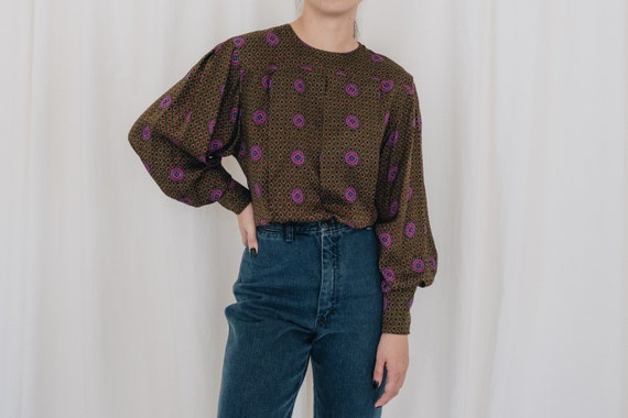 Silk Olive Printed Puff Sleeve Blouse