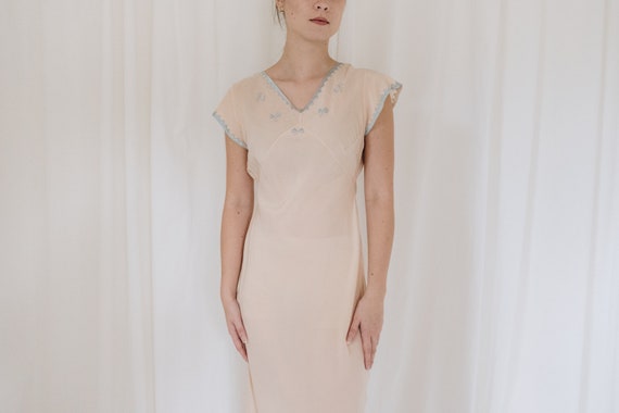 Silk Peach and Blue Embroidered Slip Dress