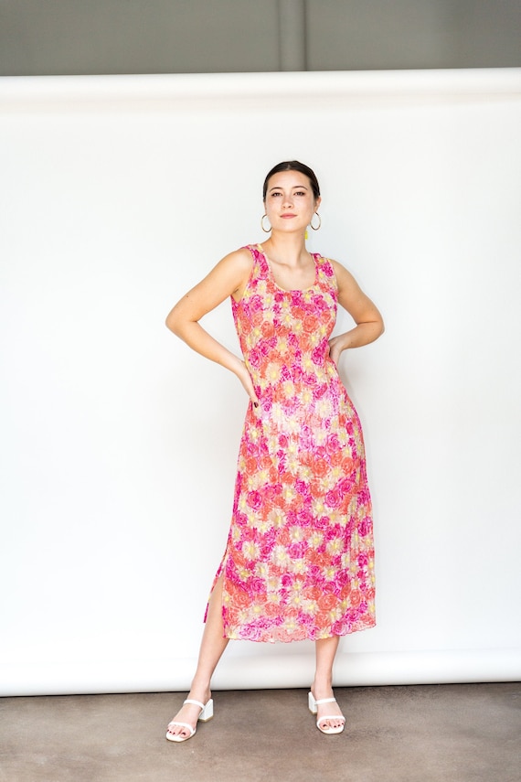 Multicolored Mesh Floral Maxi Dress, 1990s Polyest