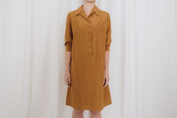 Raw Silk Cinnamon Puff Sleeve Dress