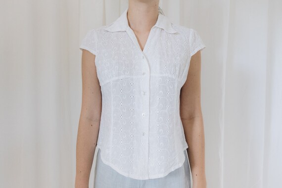 White Cotton Collared Eyelet Blouse