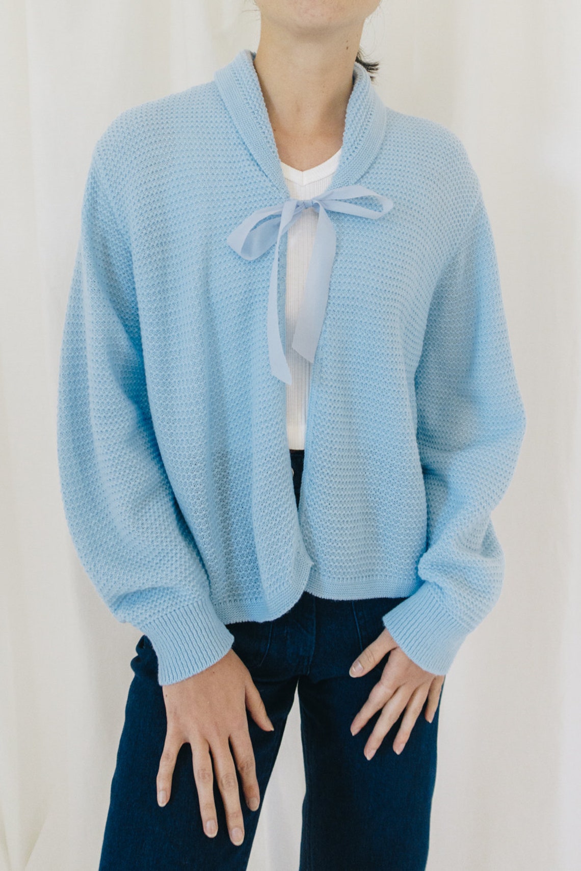 Powder Blue Knit Cardigan w/ Ribbon Tie Etsy