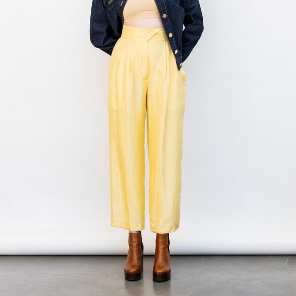 Yellow Silk Pants, High Waisted Gold Silk Pants