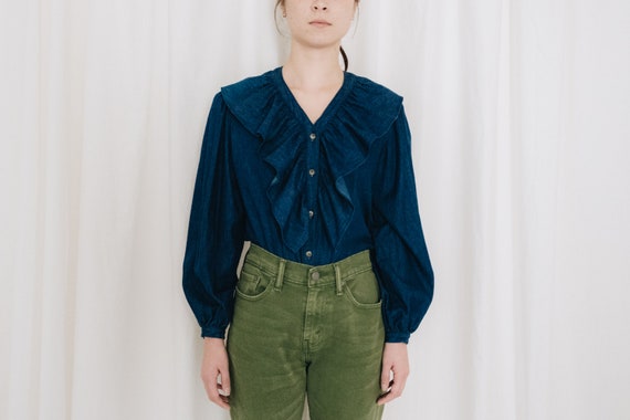 Cotton Denim Puff Sleeved Ruffle Blouse