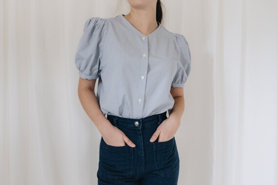 Cotton Blue and White Checked Puff Sleeve Top