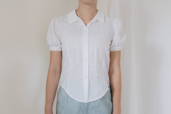 80s Cotton White Eyelet Puff Sleeve Blouse