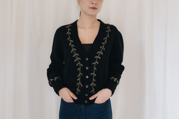 Wool Black Floral Embroidered Cardigan