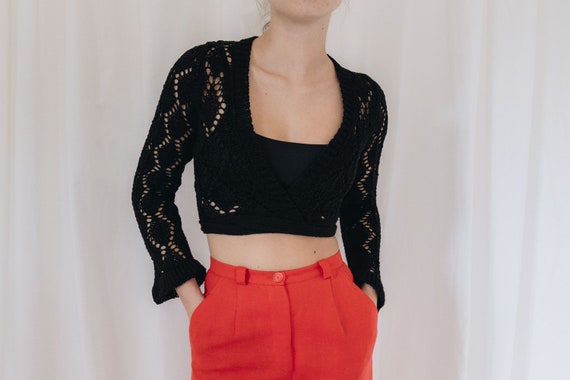 Cotton Black Knit Cropped Wrap Top