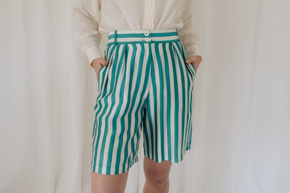 1980s Silk Cream and Green Striped Shorts with Ela