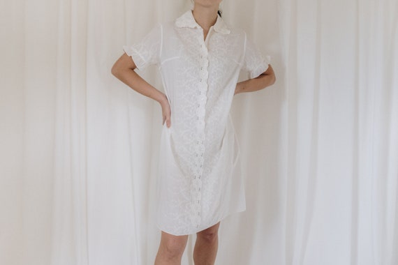White Cotton Embroidered Button Down Dress