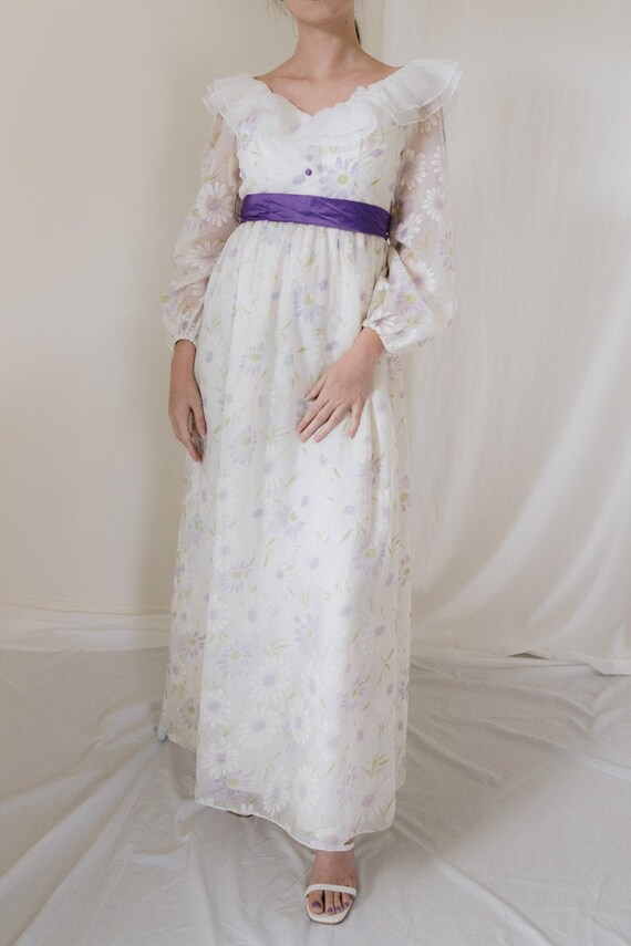 1970s Semi Sheer Floral Ruffle Puff Sleeve Maxi Dr