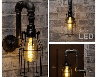 Black industrial iron pipe wall light with cage shade - Free UK postage