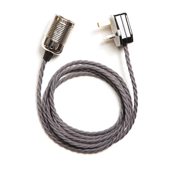 Vintage Twisted Fabric Flex Cable Plug In Suspension Lumière avec Porte-lampe Premium Chrome E27